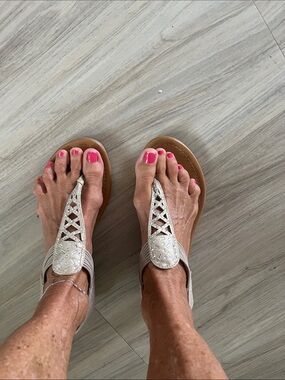 attention Women's Silver Embellished T-Strap Sandals